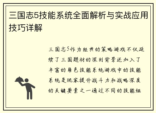 三国志5技能系统全面解析与实战应用技巧详解