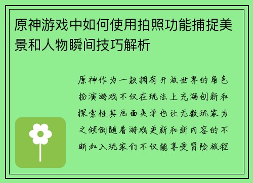 原神游戏中如何使用拍照功能捕捉美景和人物瞬间技巧解析