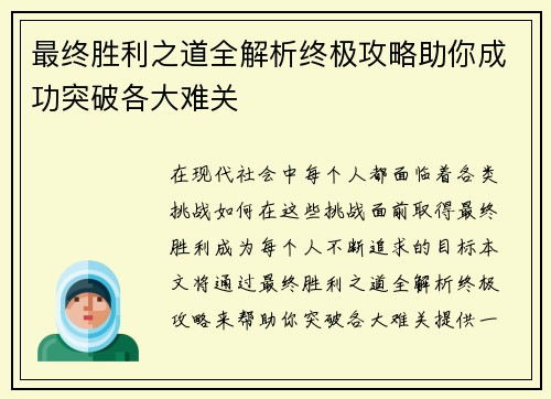 最终胜利之道全解析终极攻略助你成功突破各大难关